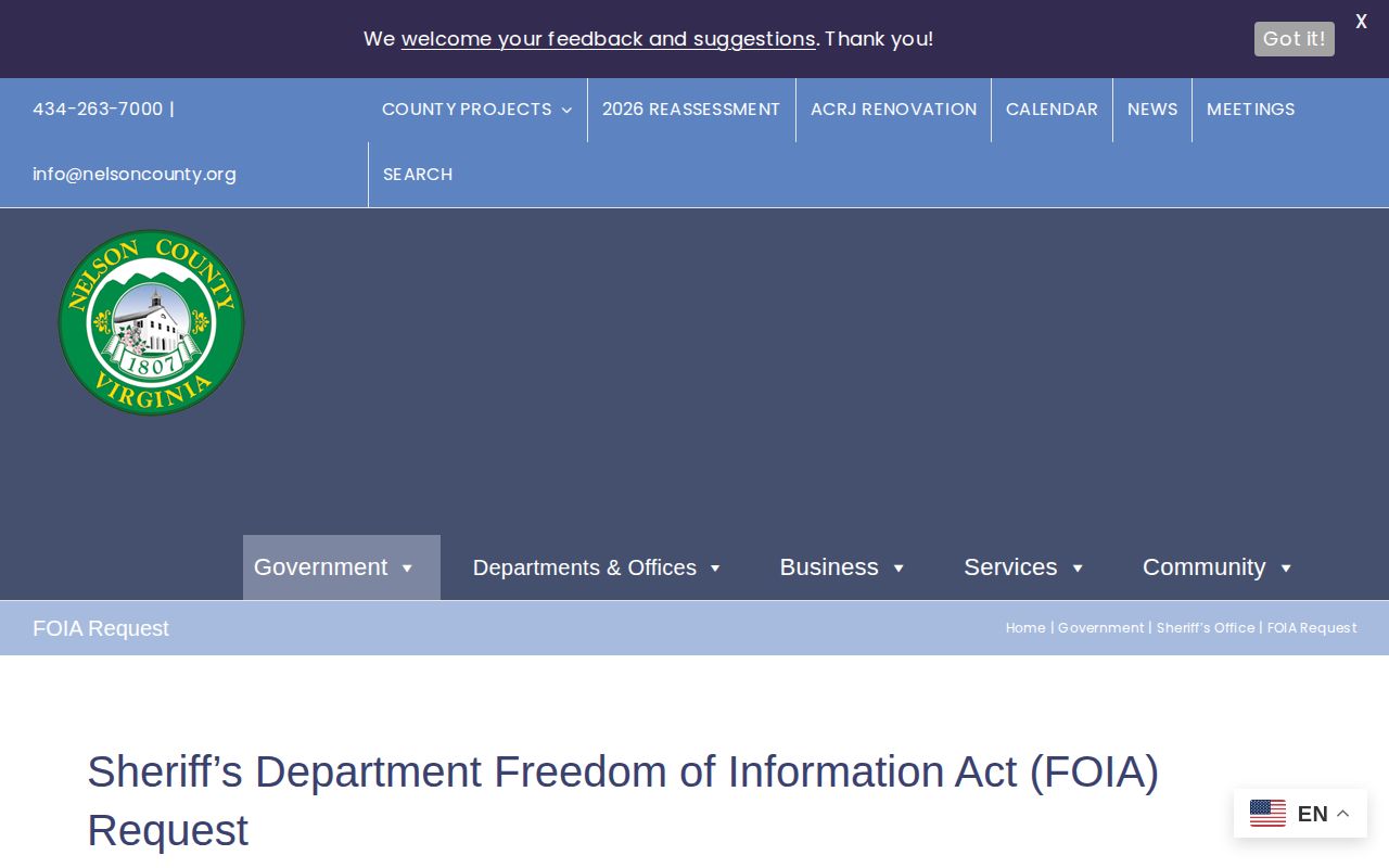 Nelson County sheriff booking record FOIA request form