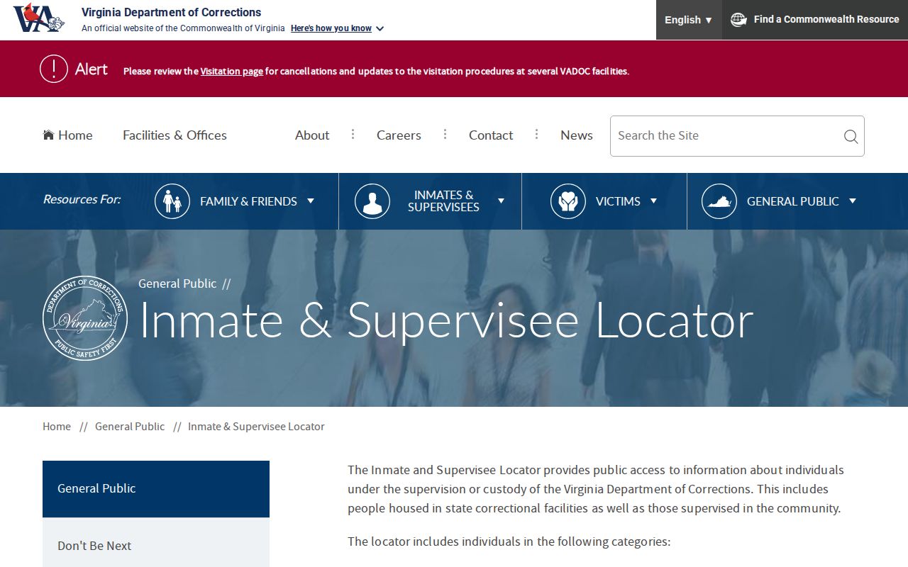 Virginia Department of Corrections locator for Nelson County custody records