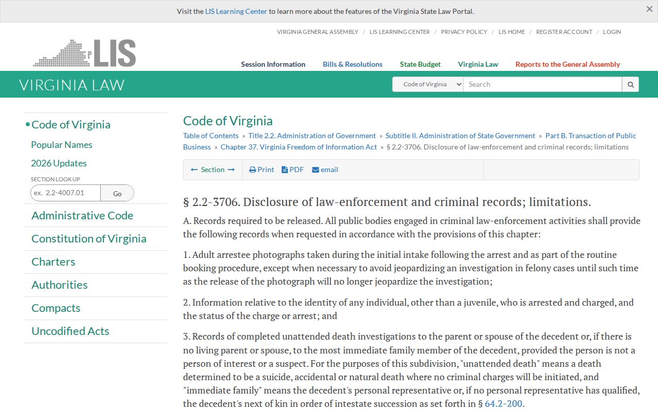 Virginia statute for Nelson County adult booking photo records